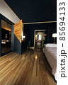 Hotel room. Wood finish. Beautiful interior. White bed 85694133