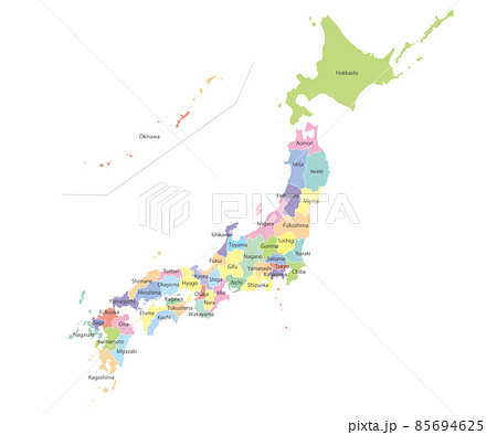 明亮多彩的日本地圖 英文 插圖素材 圖庫