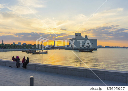Doha park and Museum of Islamic Art during sunset, Qatar. 85695097