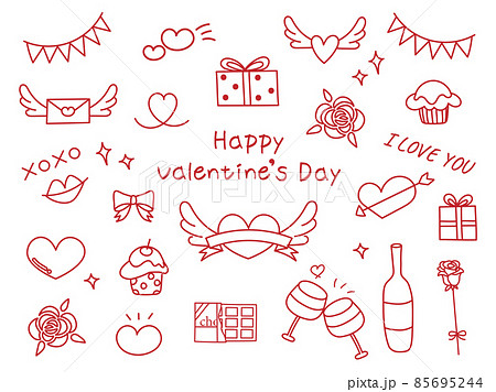 手描きの赤い線のバレンタインのイラストセット 85695244
