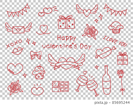 手描きの赤い線のバレンタインのイラストセット 85695244
