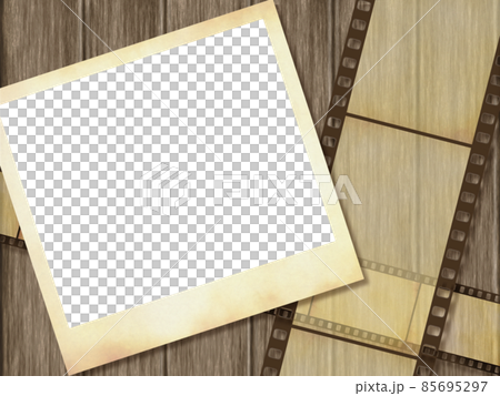 Retro Polaroid inset photo and negative film frame (dark wood table background) 85695297