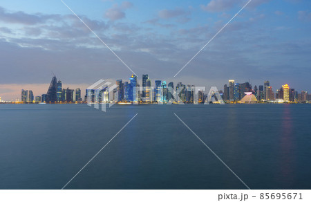 Doha city skyline illuminated at night. Qatar Middle East 85695671