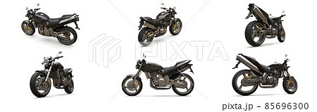 Set black urban sport two-seater motorcycle on a white background. 3d illustration. Set black urban sport two-seater motorcycle on a white background. 3d illustration. 85696300