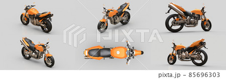 Set orange urban sport two-seater motorcycle on a gray background. 3d illustration. Set orange urban sport two-seater motorcycle on a gray background. 3d illustration. 85696303