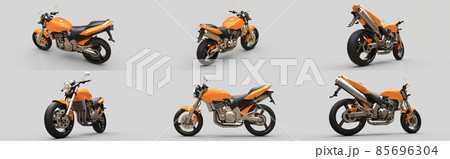 Set orange urban sport two-seater motorcycle on a gray background. 3d illustration. Set orange urban sport two-seater motorcycle on a gray background. 3d illustration. 85696304