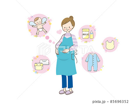 出産の準備を考える妊婦とベビー用品セット 出産の準備を考える妊婦とベビー用品セット 85696352