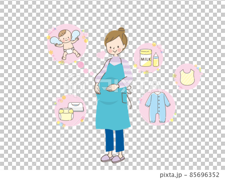 出産の準備を考える妊婦とベビー用品セット 出産の準備を考える妊婦とベビー用品セット 85696352