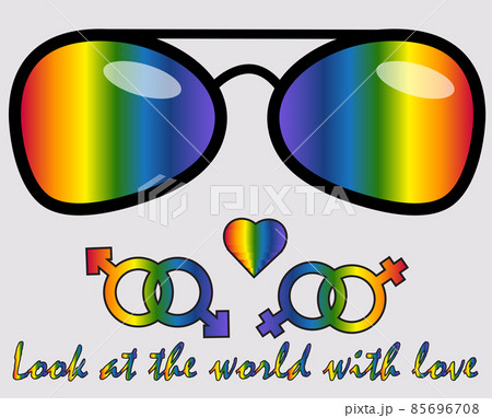 Inscription Look at the world with love. LGBT rights symbol. Love is love concept with eyeglasses. Gay parade slogan. LGBT gay and lesbian pride sticker with rainbow Inscription Look at the world with love. LGBT rights symbol. Love is love concept with eyeglasses. Gay parade slogan. LGBT gay and lesbian pride sticker with rainbow 85696708