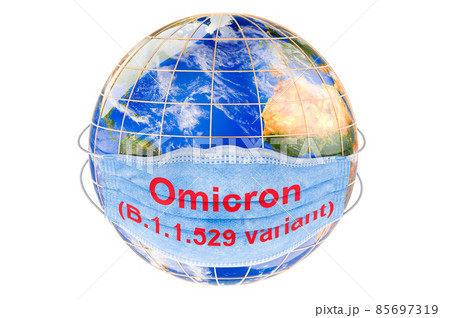 Omicron Covid-19 variant B.1.1.529 in the world, concept. Earth Globe with medical mask. 3D rendering Omicron Covid-19 variant B.1.1.529 in the world, concept. Earth Globe with medical mask. 3D rendering 85697319