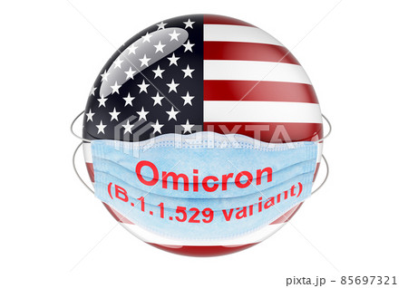 Omicron Covid-19 variant B.1.1.529 in the USA, concept. The United States flag with medical mask. 3D rendering Omicron Covid-19 variant B.1.1.529 in the USA, concept. The United States flag with medical mask. 3D rendering 85697321