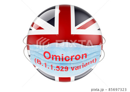 Omicron Covid-19 variant B.1.1.529 in the Great Britain, concept. British flag with medical mask. 3D rendering 85697323