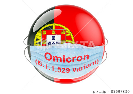 Omicron Covid-19 variant B.1.1.529 in Portugal, concept. Portuguese flag with medical mask. 3D rendering Omicron Covid-19 variant B.1.1.529 in Portugal, concept. Portuguese flag with medical mask. 3D rendering 85697330