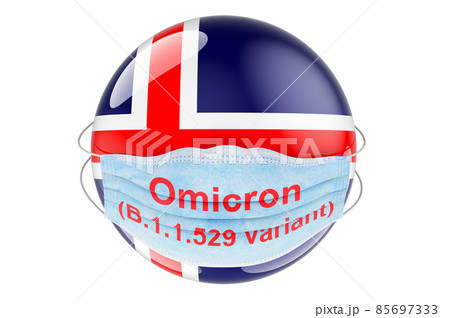 Omicron Covid-19 variant B.1.1.529 in Iceland, concept. Icelandic flag with medical mask. 3D rendering 85697333