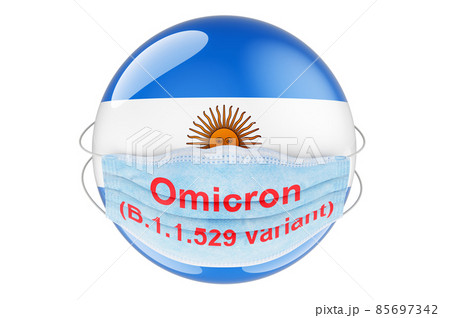 Omicron Covid-19 variant B.1.1.529 in Argentina, concept. Argentinean flag with medical mask. 3D rendering Omicron Covid-19 variant B.1.1.529 in Argentina, concept. Argentinean flag with medical mask. 3D rendering 85697342