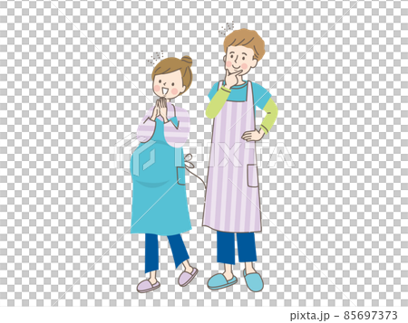 Pregnant smiling woman and husband in an apron 85697373