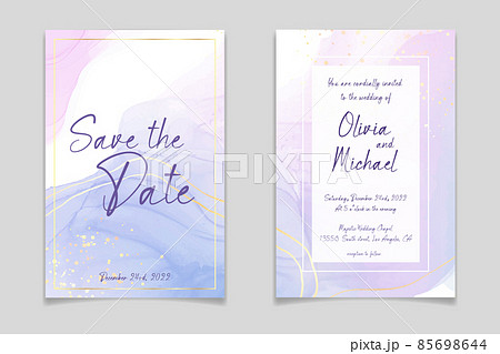Purple rose and lavender liquid marble background with gold stripes and glitter dust. Pastel pink violet watercolor drawing effect. Vector illustration backdrop with gold splatter for wedding invite 85698644