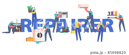 Repairer Concept. Repair Service, Electrician, Plumber Call Master Work. Handyman Master Male Characters in Uniform Work 85698820
