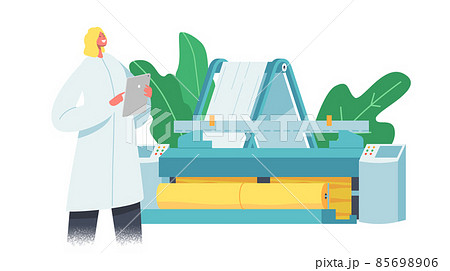 Textile Machinery Manufacture, Fabric Production Factory. Worker in Uniform near Controlling Panel of Weaver Loom 85698906
