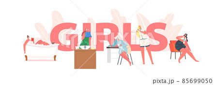 Girls Daily Routine Concept. Young Female Characters Morning Hygiene Procedures Take Bath or Shower, Comb Hair Girls Daily Routine Concept. Young Female Characters Morning Hygiene Procedures Take Bath or Shower, Comb Hair 85699050