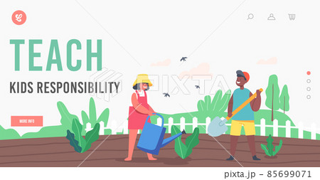 Teach Kids Responsibility Landing Page Template. Happy Children Characters Working in Summer Garden. Boy or Girl Farmers Teach Kids Responsibility Landing Page Template. Happy Children Characters Working in Summer Garden. Boy or Girl Farmers 85699071