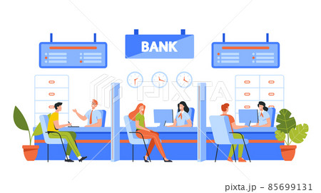 Characters Use Banking Finance Services. People on Bank Office Reception. Client Talking to Managers about Operations 85699131