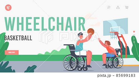 Wheelchairs Basketball Landing Page Template. Disabled Paralyzed Kids Playing Ball, Athletes Train Handicapped Children 85699183