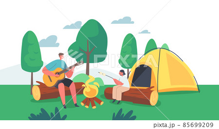 Kids Characters Roast Marshmallow on Fire and Playing Guitar at Camp Tent. Little Boy and Girl in Summer Camping 85699209