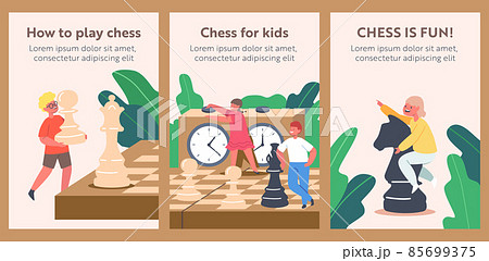 Kids Playing Chess in Club Banners. Children with Huge Figures on Chessboard Enjoying Logic Activities and Game 85699375