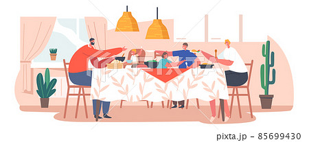 Happy Family Characters Mother, Father and Little Kids Having Dinner Around Table with Food. People Eating Meal and Talk 85699430