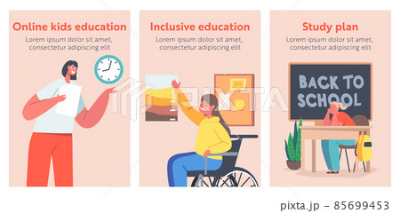 Children with Disabilities Studying in School, Disability and Education Banners. Kids on Lesson. Teacher in Classroom 85699453