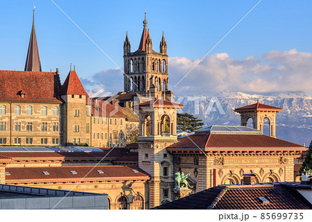 Lausanne city and the snow covered Alps mountains, Switzerland 85699735