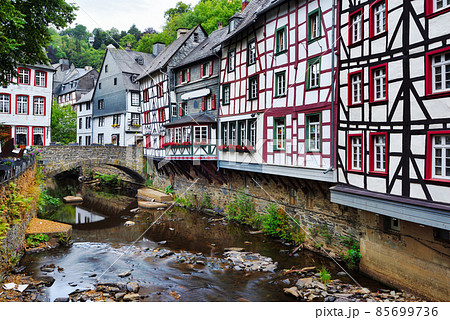 Medieval fachwerk houses in Monschau Old town, Germany, 85699736