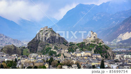 Panoramic view of Sion town in the swiss Alps valley, Switzerland Panoramic view of Sion town in the swiss Alps valley, Switzerland 85699754