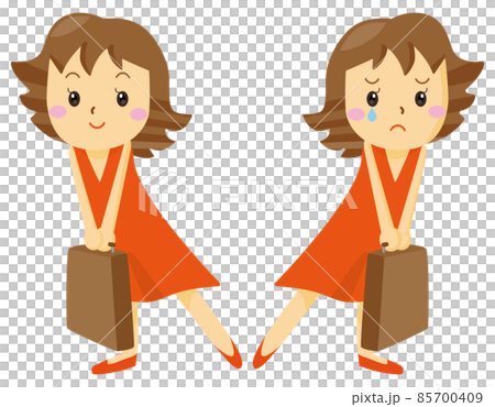 カバン、バッグ、荷物を持つ笑顔と泣き顔の女性(旅行・出張・赤い服) カバン、バッグ、荷物を持つ笑顔と泣き顔の女性(旅行・出張・赤い服) 85700409