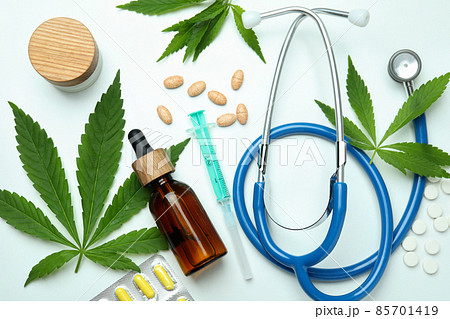 Medicinal cannabis concept on white background, close up Medicinal cannabis concept on white background, close up 85701419