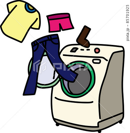 洗濯機から洗濯物が飛び出している手書き風のイラスト 85701925