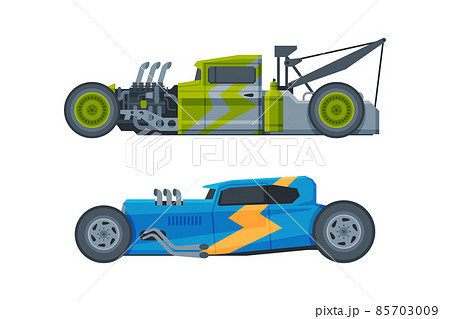 American Hot Rod Car with Large Engine and Tubes for Speed and Acceleration Vector Set 85703009