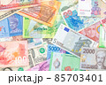 Background from paper money of different countries. Dollar, euro banknotes and others. View from above. 85703401