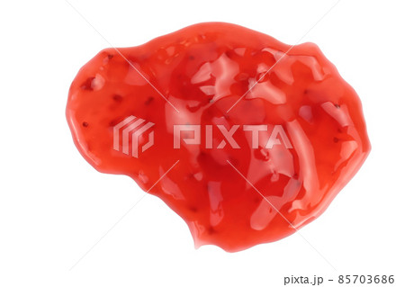 Red strawberry jam isolated on white background with clipping path and full depth of field, Top view. Flat lay 85703686