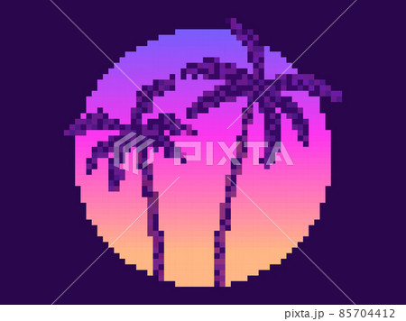 Pixel art palm trees at sunset in 80s style....のイラスト素材 ...