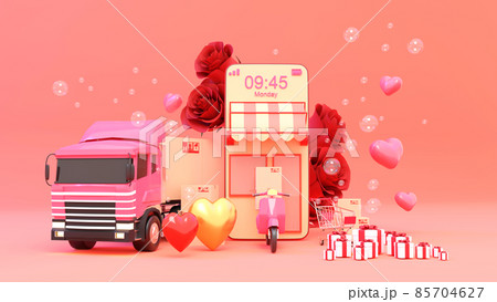 E-commerce concept on Valentine day, Shopping online and delivery service on mobile application., 3d rendering. E-commerce concept on Valentine day, Shopping online and delivery service on mobile application., 3d rendering. 85704627