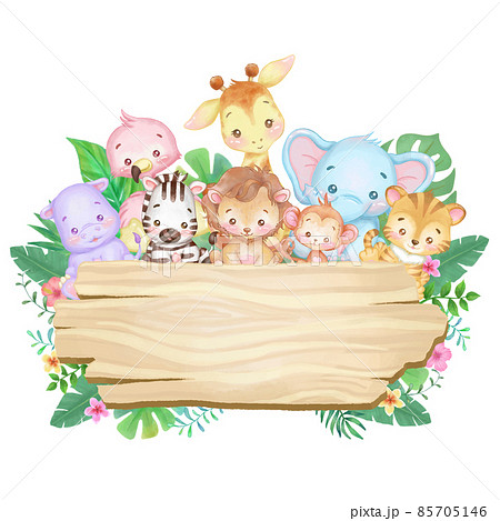 かわいい動物の赤ちゃんと木目の文字入れ看板のイラスト素材