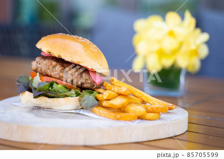 big beef Burger with french fries big beef Burger with french fries 85705599