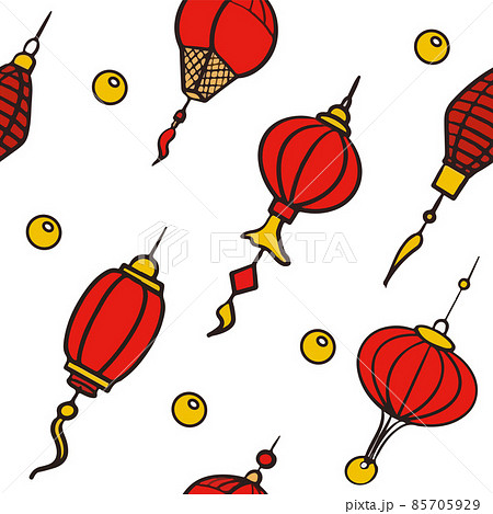 Doodle vector seamless pattern of chinese paper lanterns. Flat colorful icons oriental decoration of china culture. Illustration of asian celebration festival decor. Hand draw traditional lights 85705929