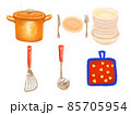 絵具風タッチで描いた、鍋・お皿・鍋敷きなどのキッチン用品 85705954