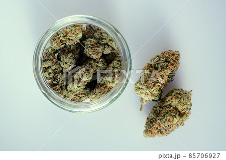 Marijuana buds in a jar. Medicinal cannabis stuff on white background, isolated, top view. 85706927