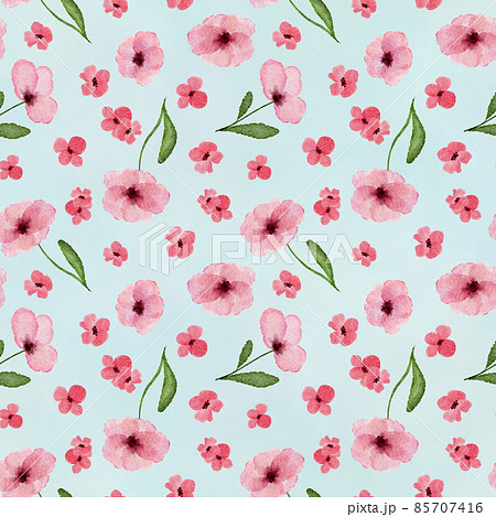 Seamless pattern with watercolor wild small pink flowers on turquoise background. Seamless pattern with watercolor wild small pink flowers on turquoise background. 85707416