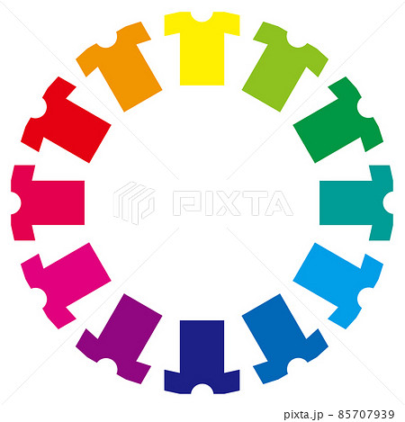 円形の12色のTシャツのイラスト 色相環のグラデーション 白背景 円形の12色のTシャツのイラスト 色相環のグラデーション 白背景 85707939