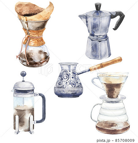 Watercolor collection of coffee pots and maker. Hand drawn illustration of kettle for morning caffeine drink. Watercolor collection of coffee pots and maker. Hand drawn illustration of kettle for morning caffeine drink. 85708009